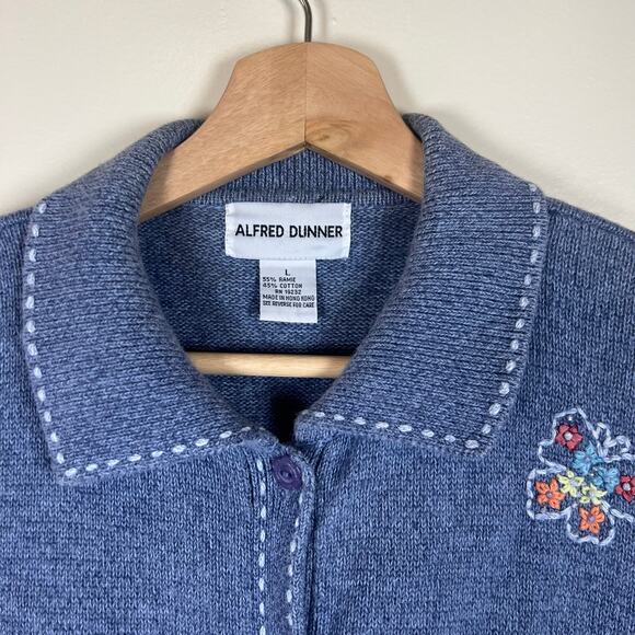 Women's Large Alfred Dunner Floral Embroidered Blue Knit Cardigan Sweater - Picture 3 of 5